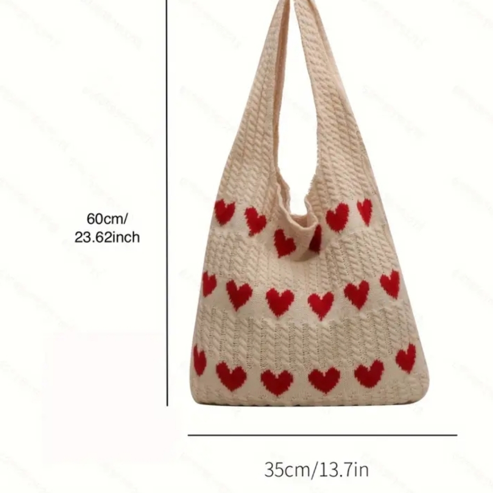 Handmade Red Heart Patterned Cream Tote Bag - Picture 3 of 3